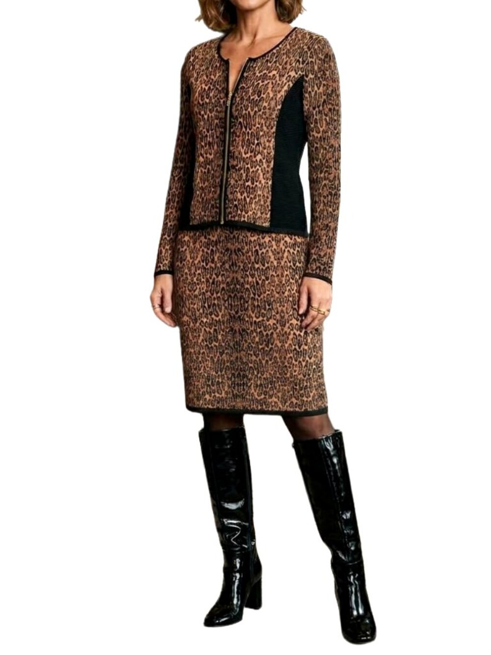 Cache Vintage Leopard Knit Stretch Skirt Set